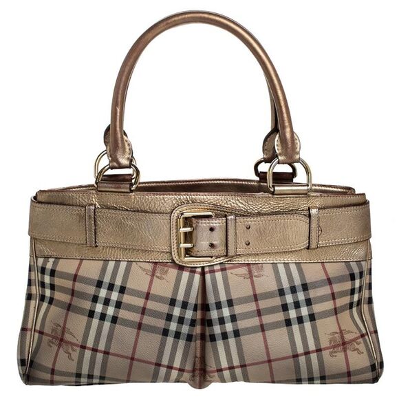 Burberry Beige/Gold Haymarket Check Coated Canvas and Leather Bridle Tote - Picture 1 of 4